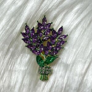 Brooch Pin Purple and Green Crystal Flower Bouquet New
